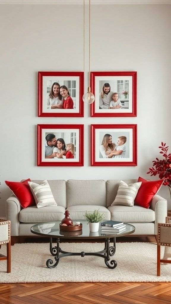 A cozy living room featuring cherry red picture frames with family photos, a light-colored sofa, and decorative accents.