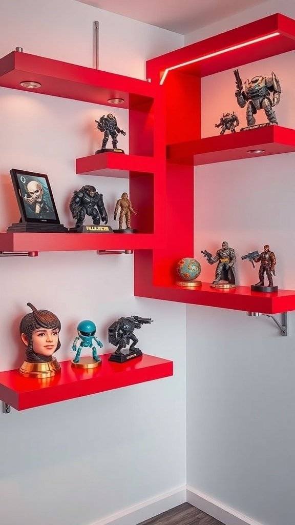 Galactic-themed wall shelves in cherry red displaying various collectibles and figures.