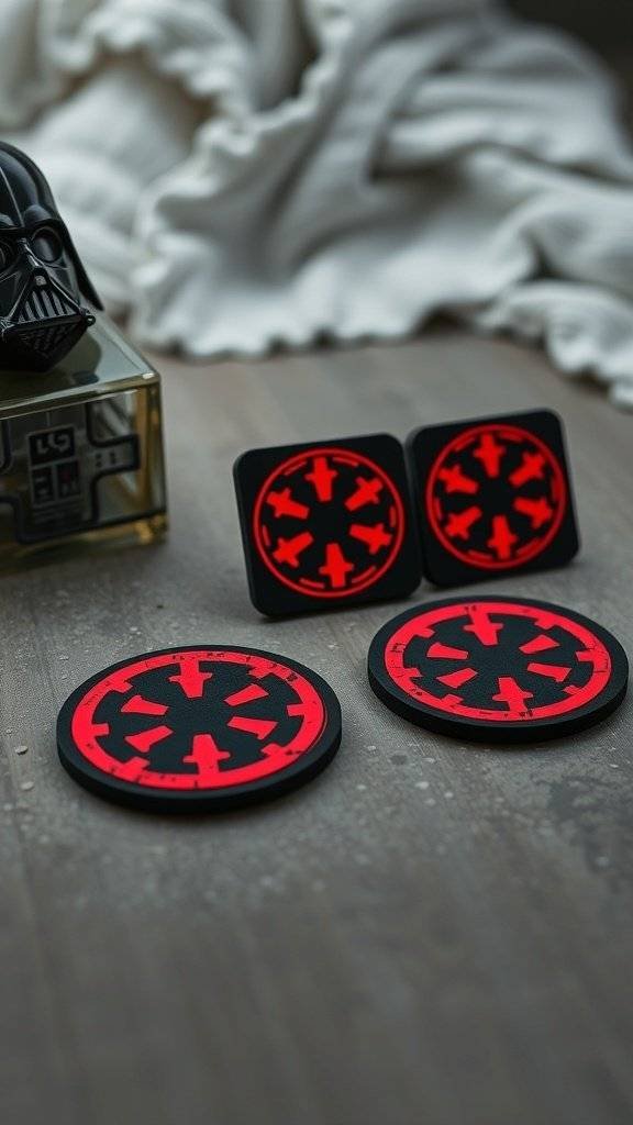 Sith Lord inspired coasters in cherry red and black design, featuring intricate graphics.