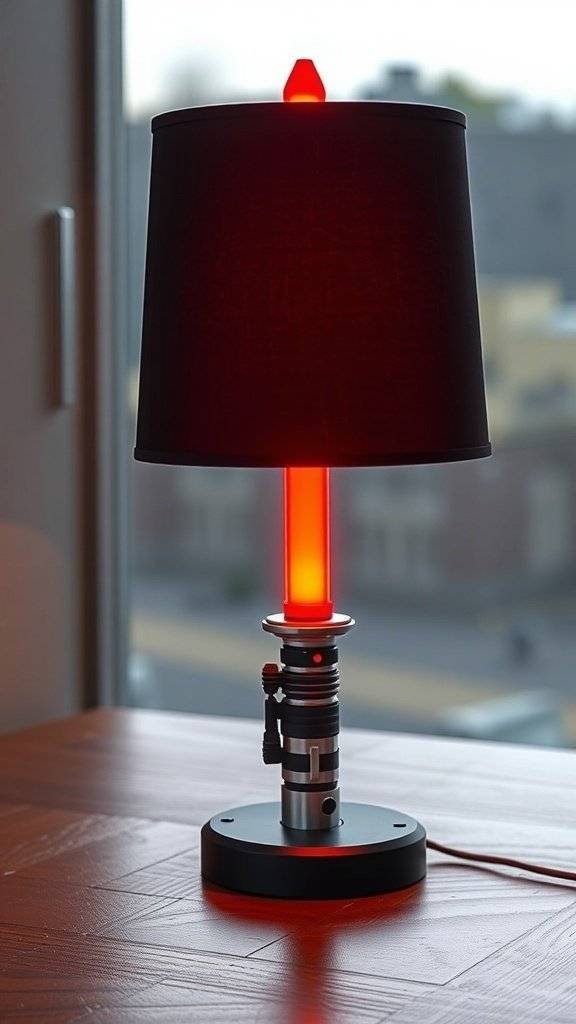 A table lamp designed to resemble a lightsaber with a red glow and black shade.