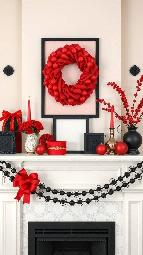 A stylish mantelpiece decorated with cherry red accents, including a wreath, candles, and ornaments, creating a bold and elegant look.