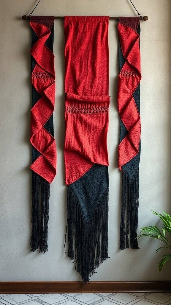 Two wall hangings, one black and one cherry red, on a dark red wall.