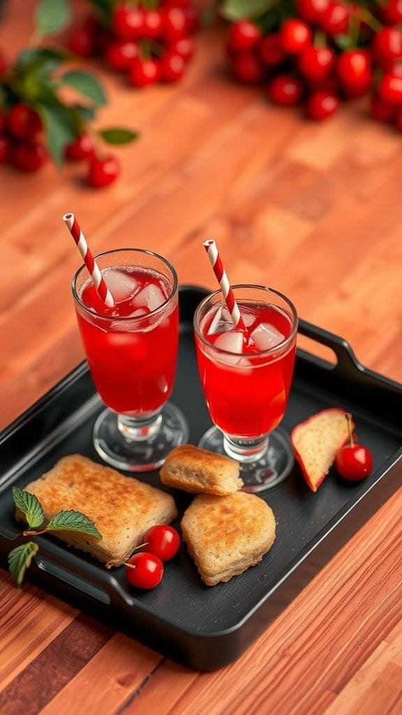 A black decorative tray with cherry red drinks and snacks, surrounded by cherries.