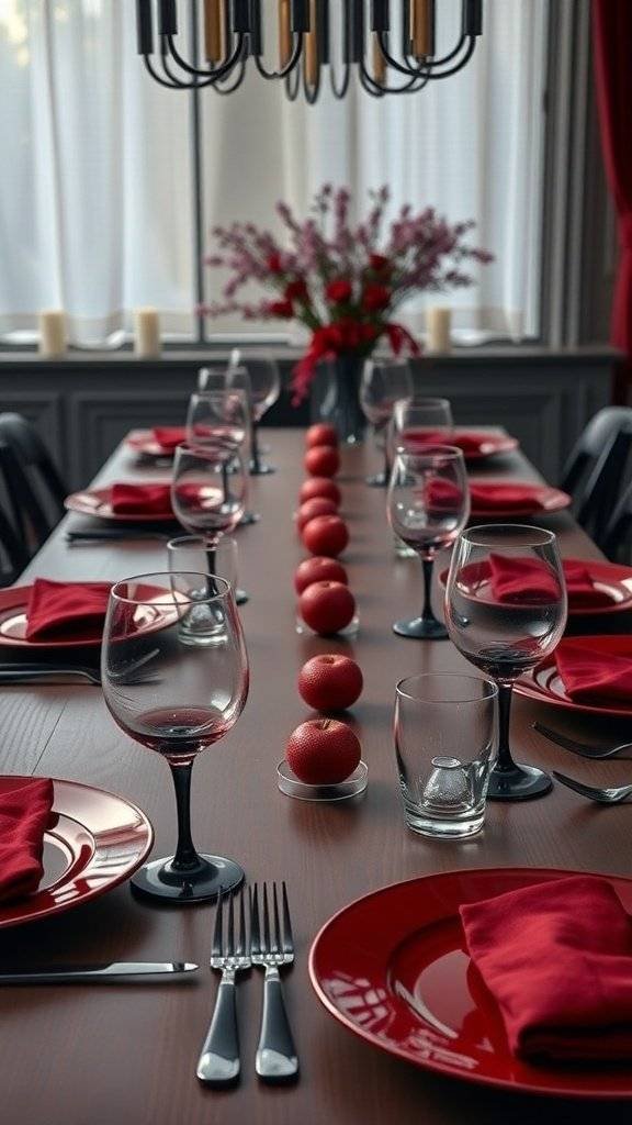 A beautifully set dining table featuring cherry red home décor, elegant glassware, and red napkins, creating a dramatic and inviting atmosphere.