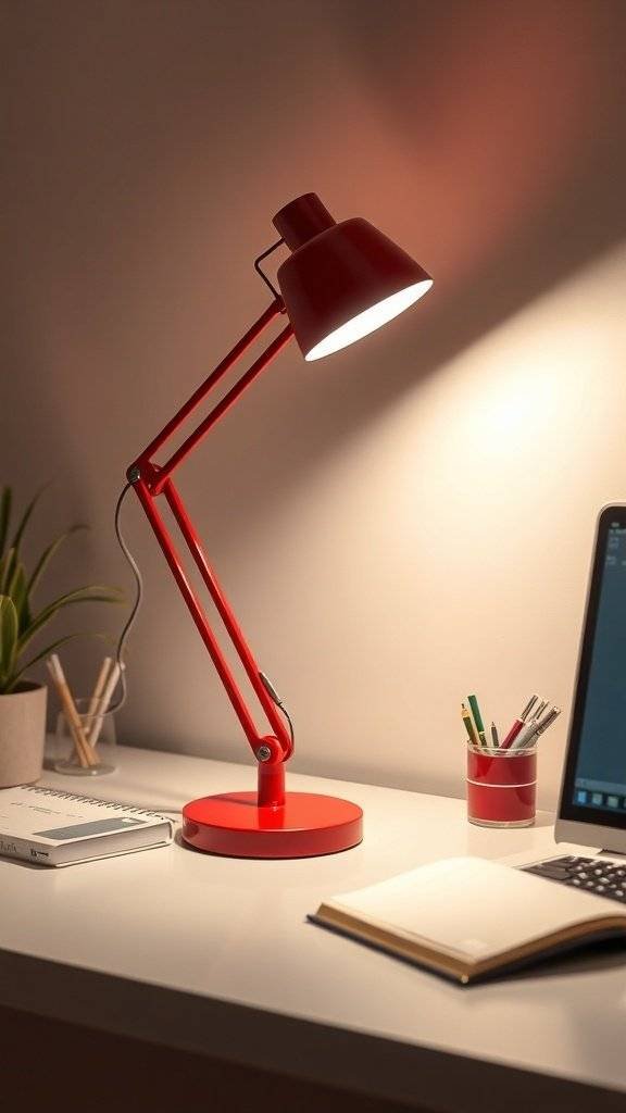 A cherry red desk lamp illuminating a modern workspace with a computer, books, and stationery.