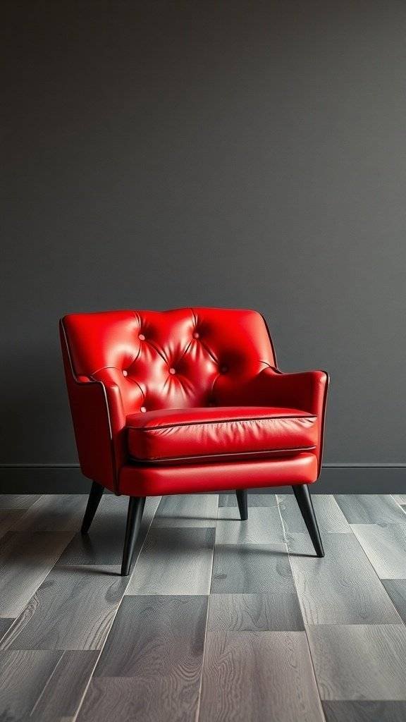 A cherry red accent chair with a modern design against a dark wall.