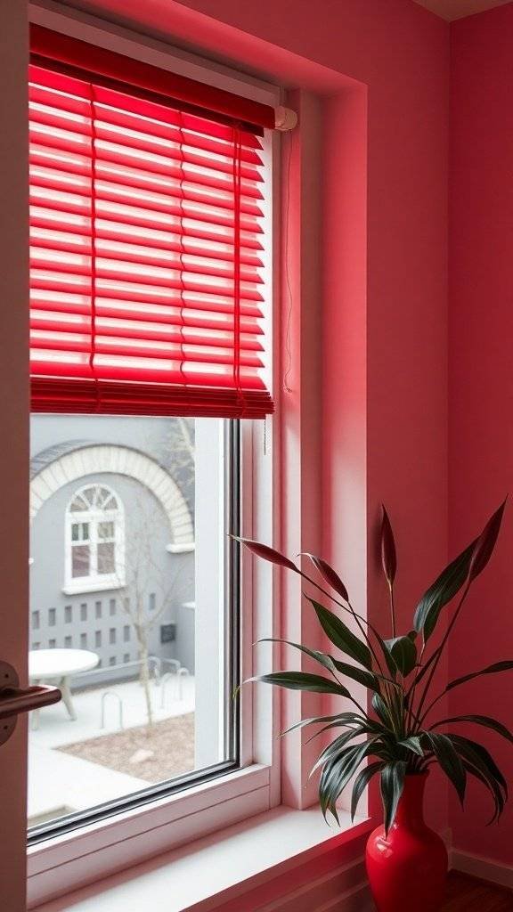 Cherry red blinds in a window with a pink wall and a green plant in a red vase