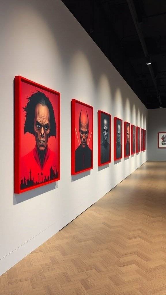 Four pieces of Sith-inspired wall art framed in cherry red, featuring iconic characters and symbols.