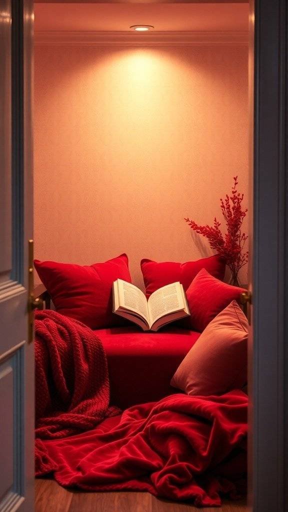 A cozy nook with cherry red pillows and blankets, featuring an open book and soft lighting.