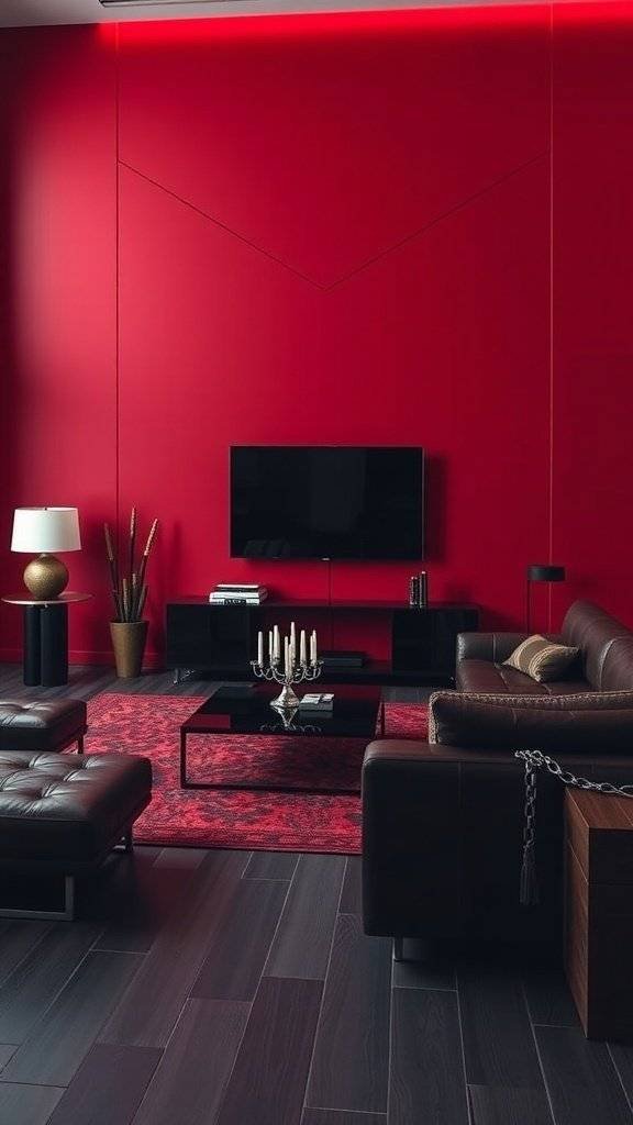 A modern living room with a cherry red accent wall, dark wood flooring, and stylish furniture.