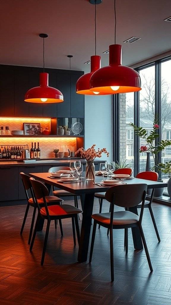 A modern dining area featuring cherry red pendant lights above a red table setting with flowers.