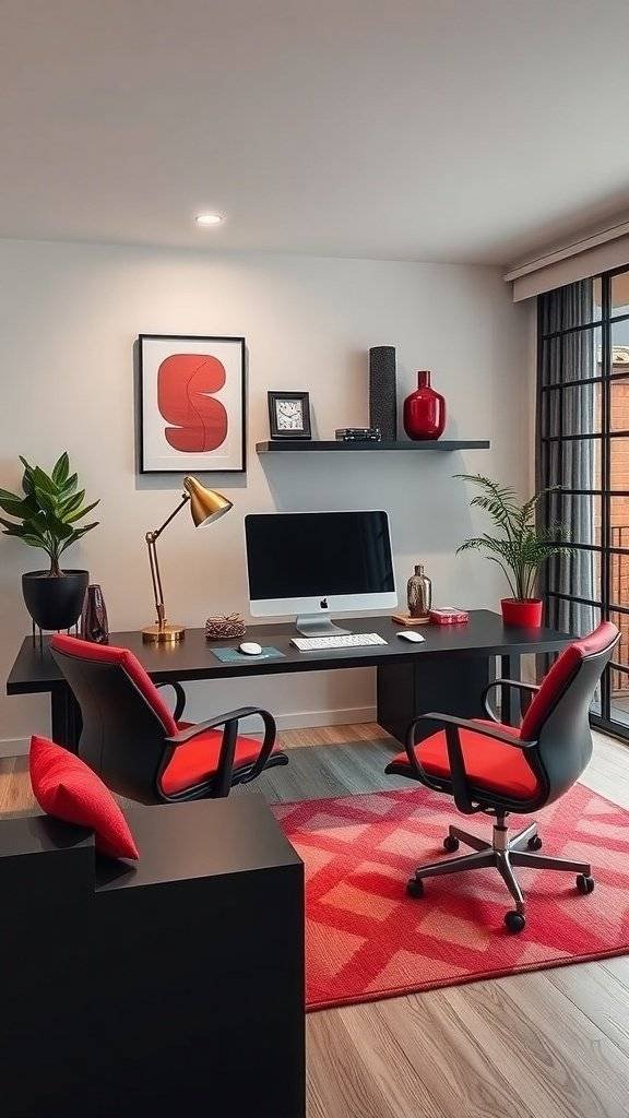 A futuristic home office featuring cherry red decor with black furniture and LED lighting.