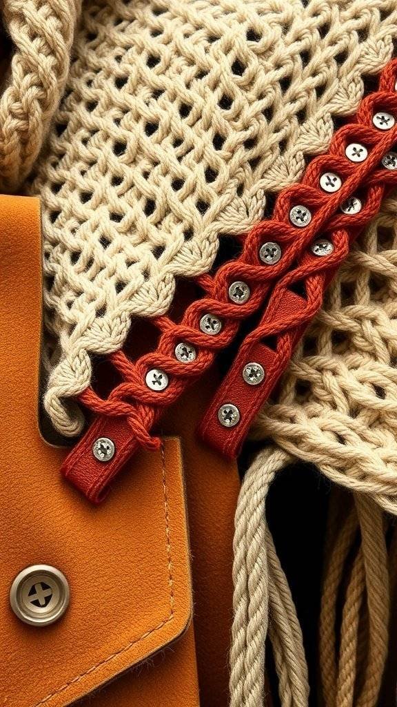 Close-up of earthy toned leather and woven fabric showcasing textures in Boho fashion.