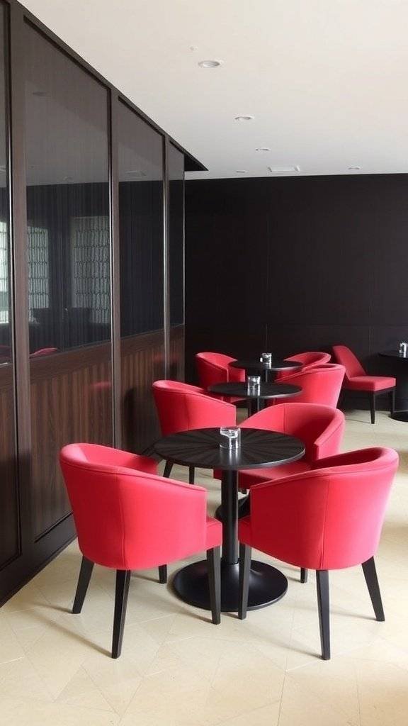 A stylish interior featuring cherry red chairs and tables against dark walls, creating a modern and bold look.