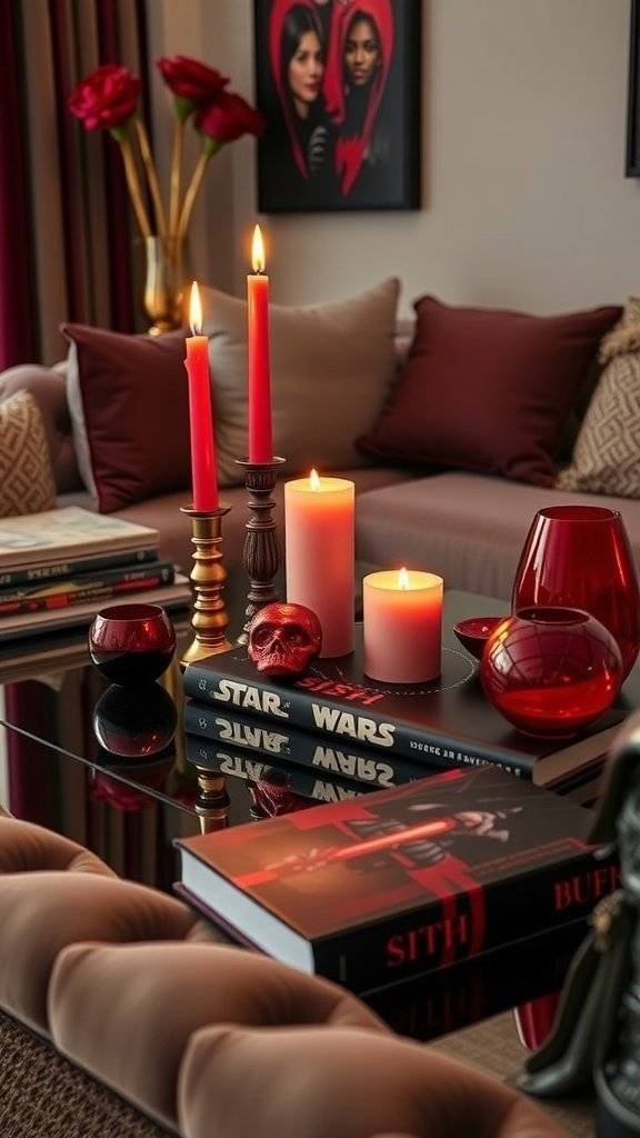 A stylish coffee table with red roses, candles, a red drink, and a book titled 'Sith'.