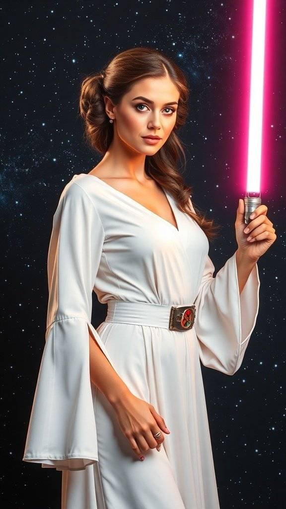 A minimalist white gown with a high neckline and flowing sleeves, displayed against a starry background.