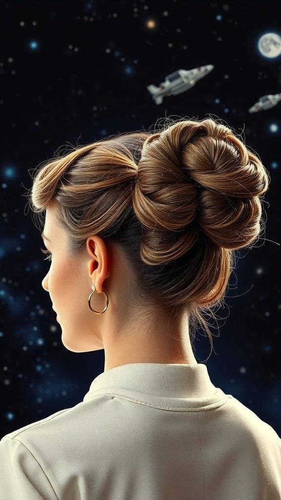 A view of a person's hair styled in iconic buns, representing Princess Leia's hairstyle.