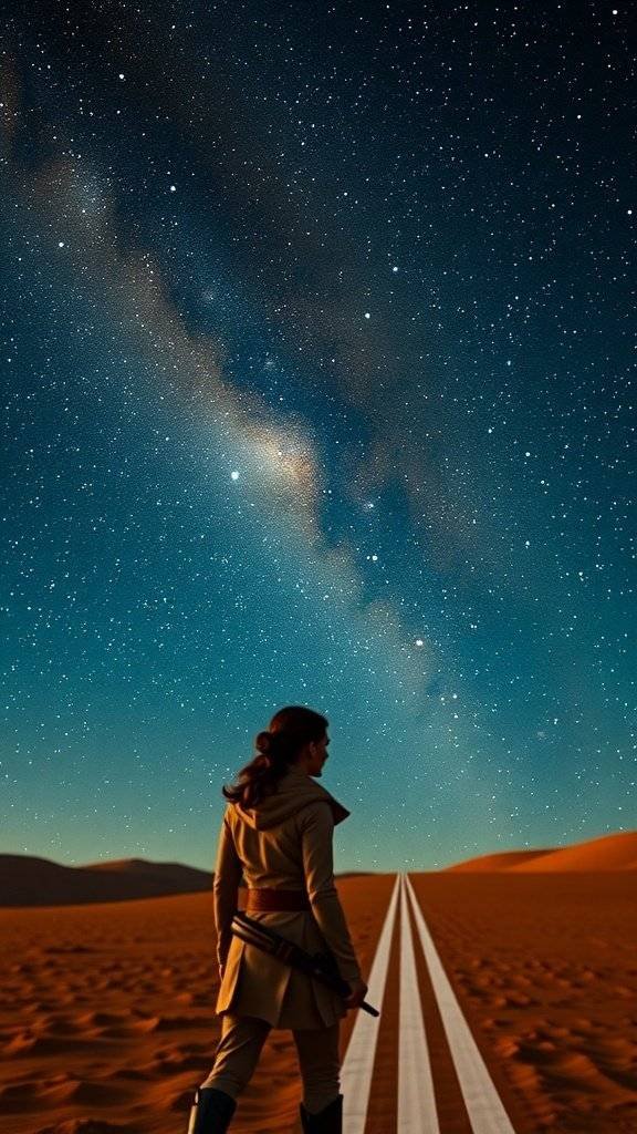 A figure in a desert landscape under a starry sky, embodying minimalist elegance.