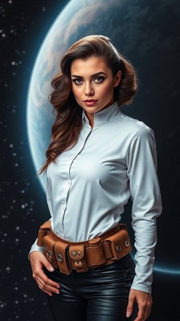 A close-up of a minimalist outfit featuring a beige dress and a functional brown belt with pouches, set against a starry background.