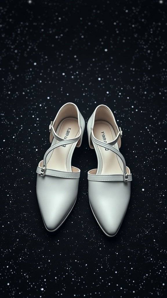 A pair of sleek silver minimalist shoes on a starry background.