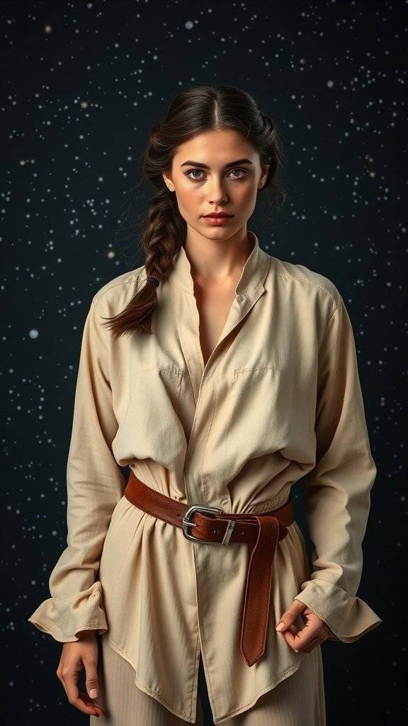 Three elegant outfits in neutral tones displayed against a starry background.