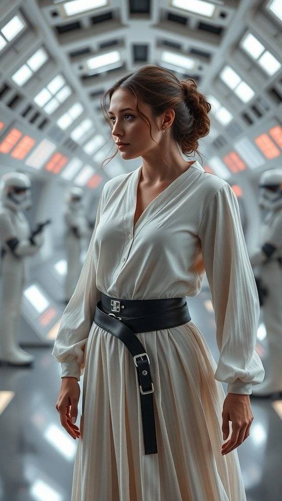 A modern interpretation of Princess Leia's style featuring a flowing white dress and a bold black belt, set against a futuristic background.