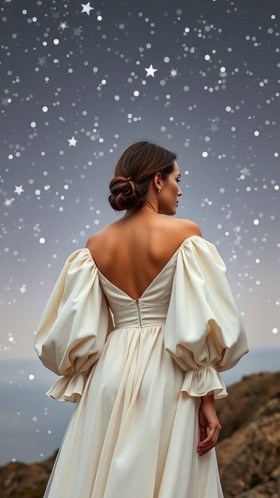 A woman in a minimalist elegant gown with statement sleeves, showcasing an open back against a starry background.