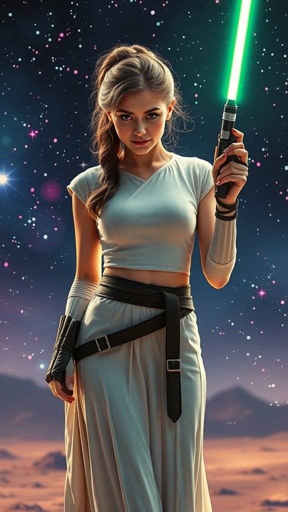 A woman in a flowing white dress with a belt, standing confidently in space, with a hooded figure behind her.