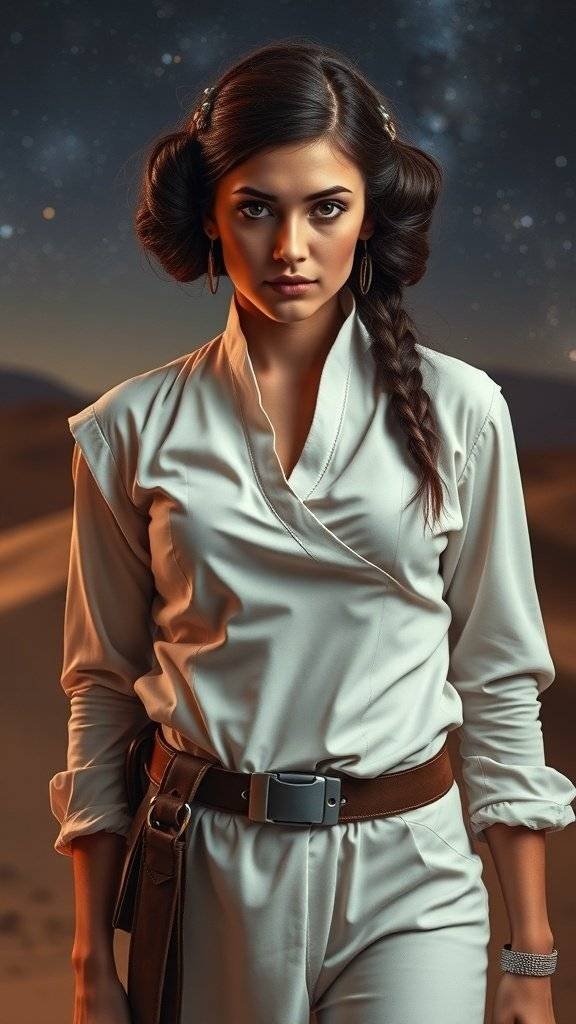A character inspired by Princess Leia, showcasing minimalist elegance with a clean silhouette and iconic hairstyle.