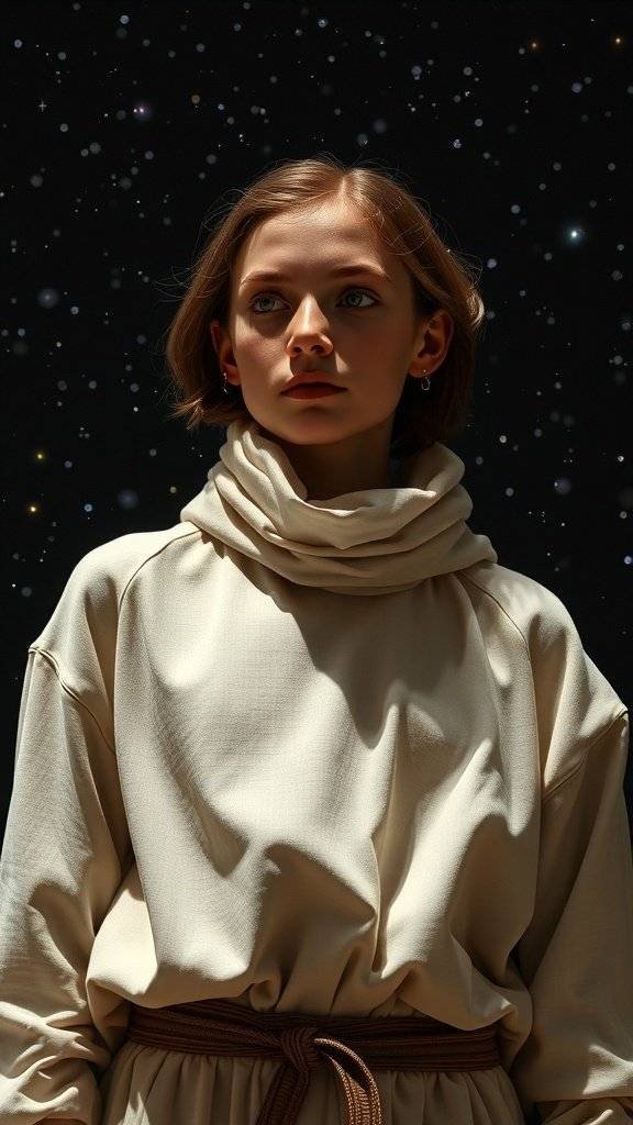 A person wearing a minimalist outfit with a high collar and a belt, set against a starry background.