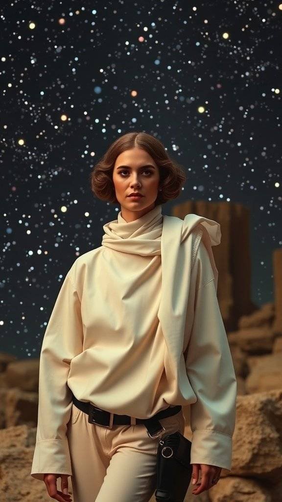 A person wearing a minimalist outfit with a high collar and a belt, set against a starry background.