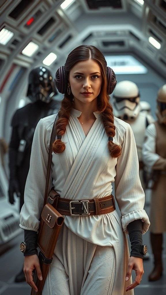 A character inspired by Princess Leia's style, featuring a minimalist outfit with clean lines and a structured belt, surrounded by iconic sci-fi figures.