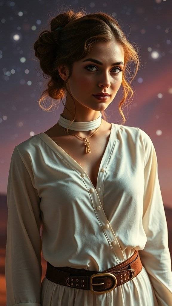 A collection of dresses inspired by Princess Leia's iconic style, displayed against a cosmic background.