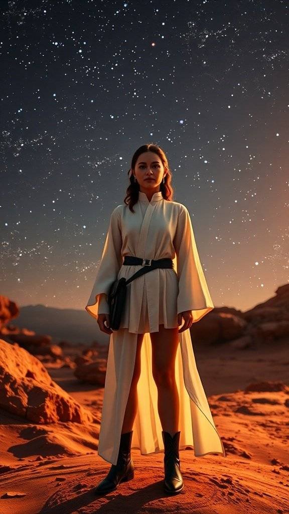 A woman in a minimalist outfit standing on a rocky terrain under a starry sky.