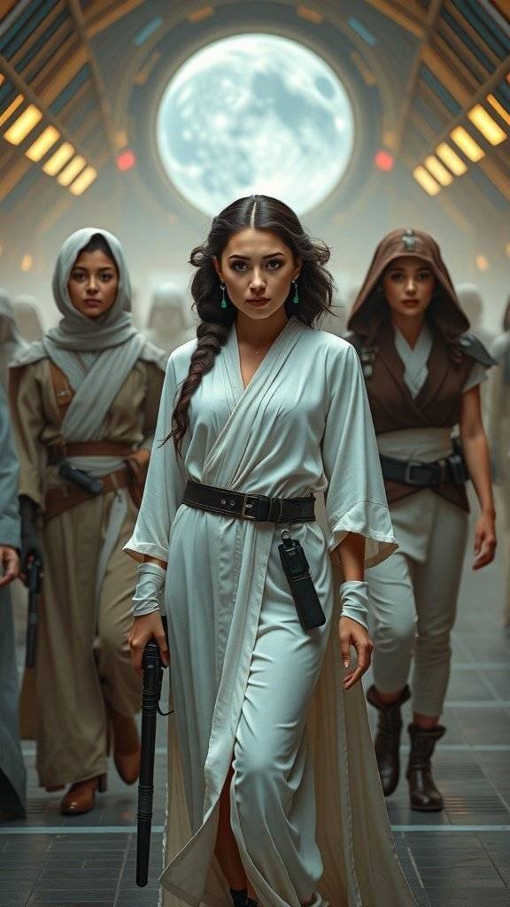 A character in a flowing white robe resembling Princess Leia's style, holding a blaster, with others in similar attire in the background.