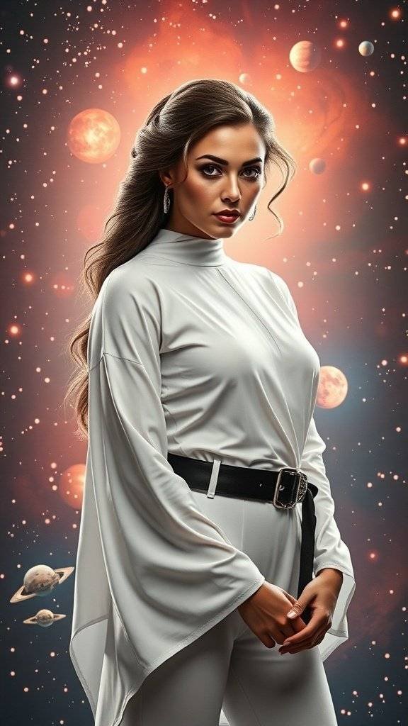 A model dressed in a minimalist outfit inspired by Princess Leia, standing against a starry background.