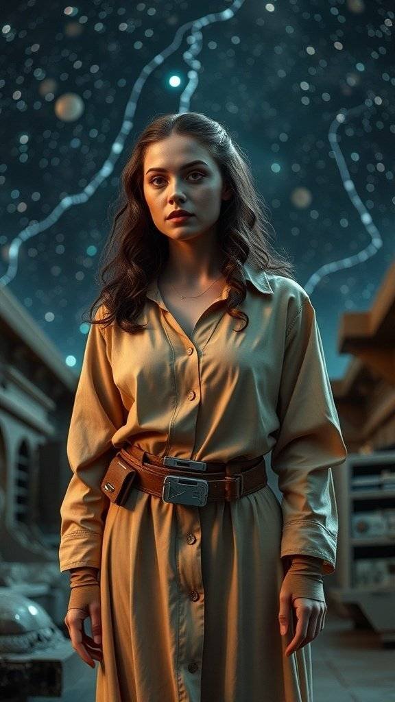 A character in a minimalist outfit inspired by Princess Leia, standing against a starry background.