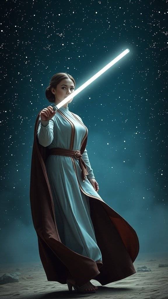 A woman dressed as Princess Leia, holding a lightsaber, standing against a starry background.