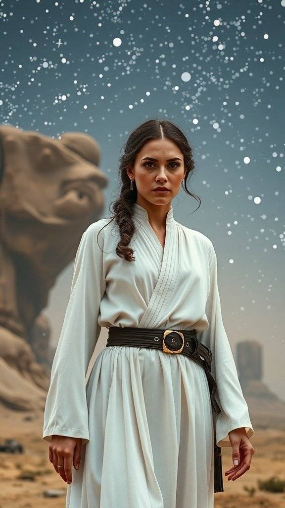 A figure in a flowing white robe with a belt, set against a starry background, embodying minimalist elegance.