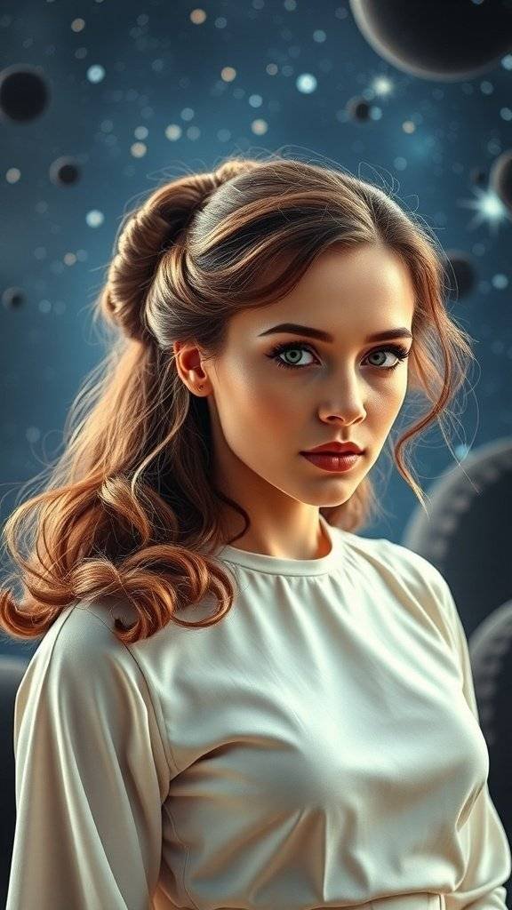 A woman with soft waves and a minimalist hairstyle, set against a cosmic background, embodying elegance.