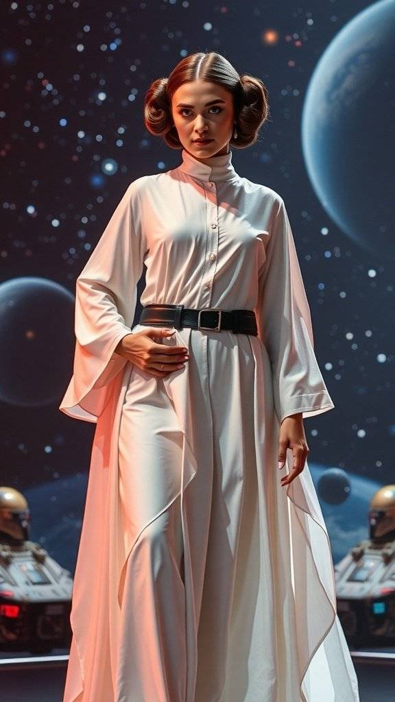 A modern reinterpretation of Princess Leia's outfit featuring minimalist elegance with a sleek white design.