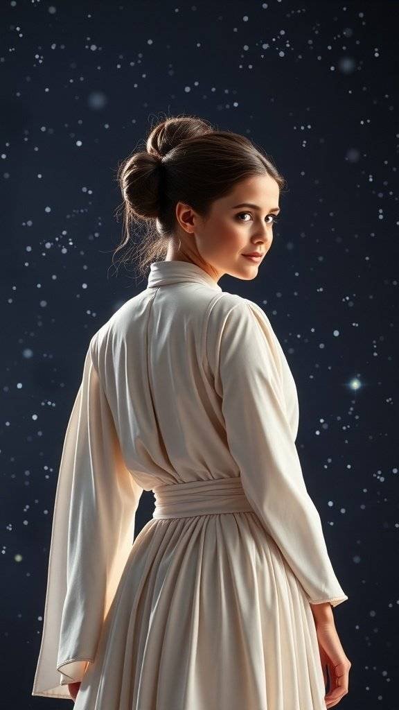 A woman wearing a minimalist white gown with a classic bun hairstyle, set against a starry background.