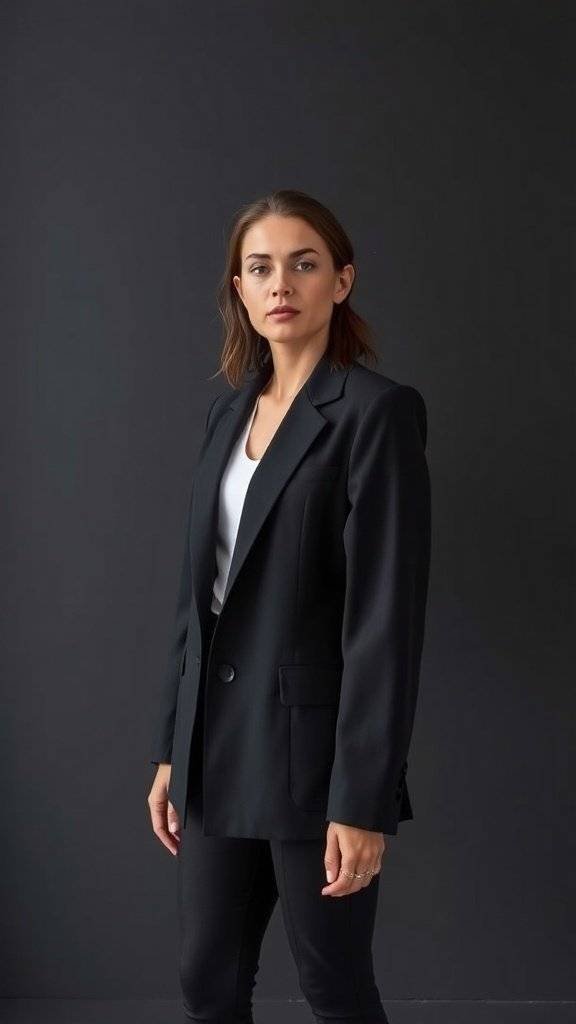 A structured black blazer hanging on a hook against a dark background.