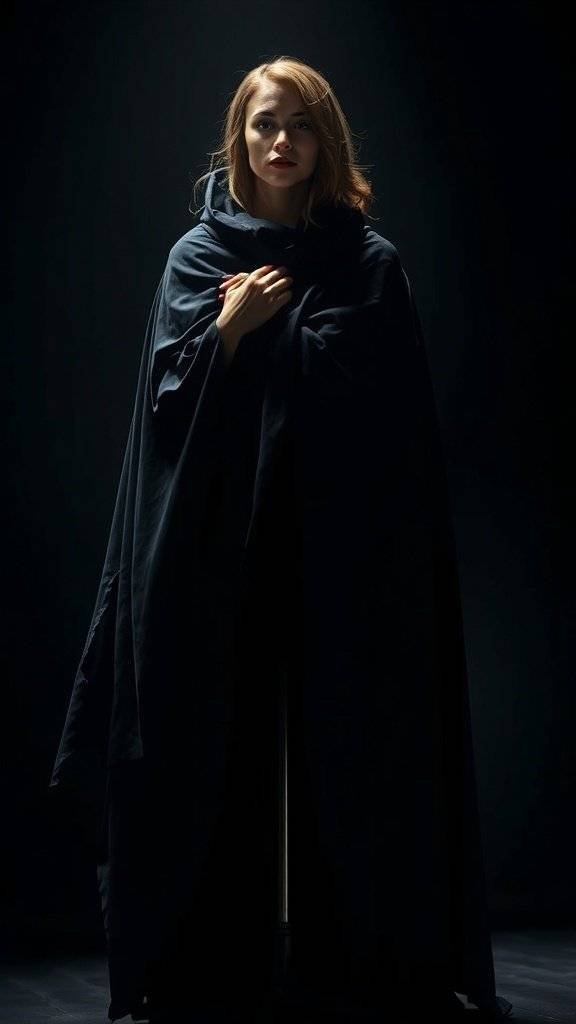 A black obsidian cloak displayed on a mannequin, illuminated by soft light, emphasizing its elegant design.