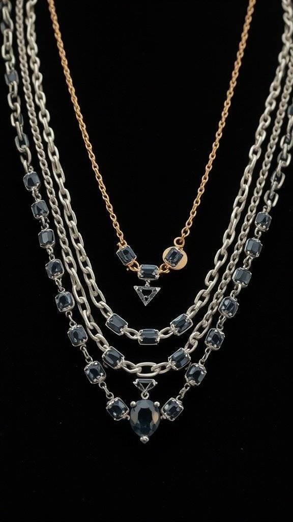 A collection of layered necklaces featuring silver and gold chains with dark stones.