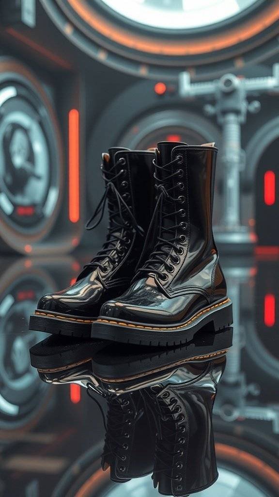 A pair of sleek black boots with a futuristic design, reflecting light in a modern setting.