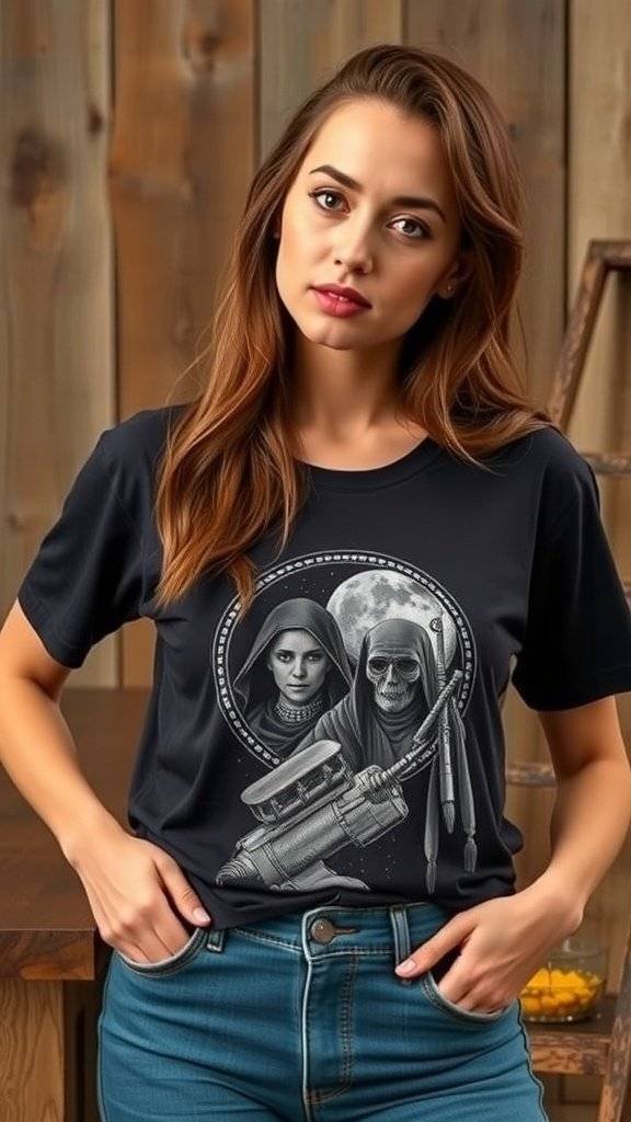 Collection of black graphic tees with dark side motifs, featuring skull designs and bold typography.