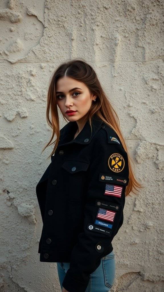 A dark combat jacket with patches hanging on a wall.