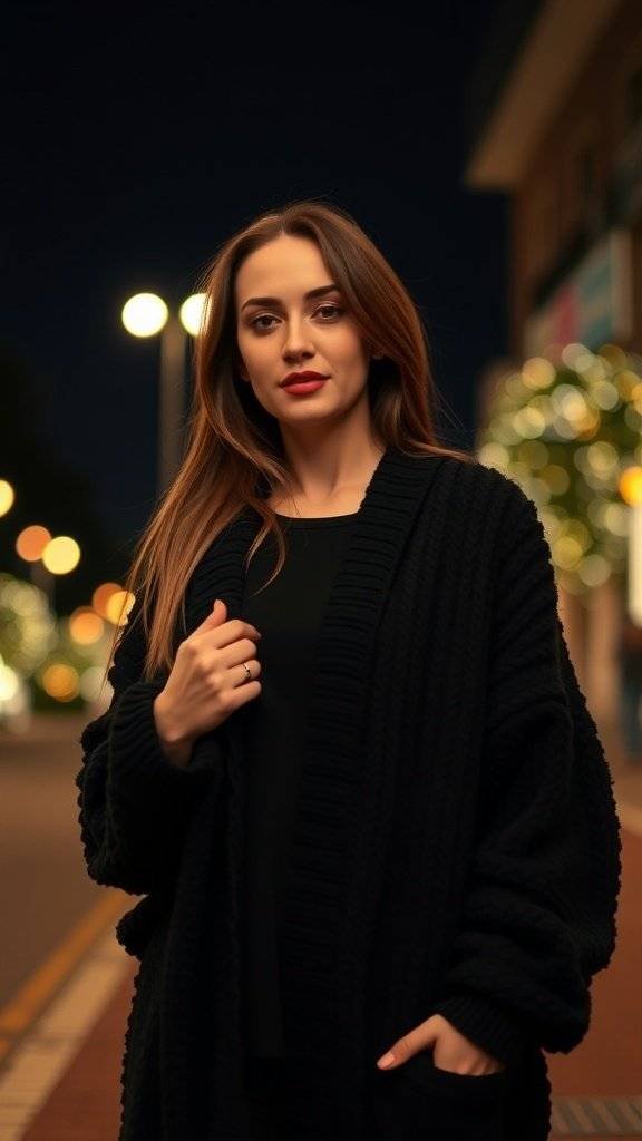 A dark oversized cardigan draped over a chair in a cozy setting.