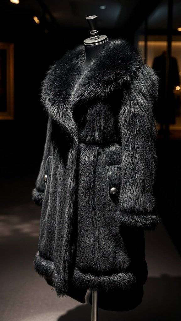 A stylish black faux fur coat displayed on a mannequin